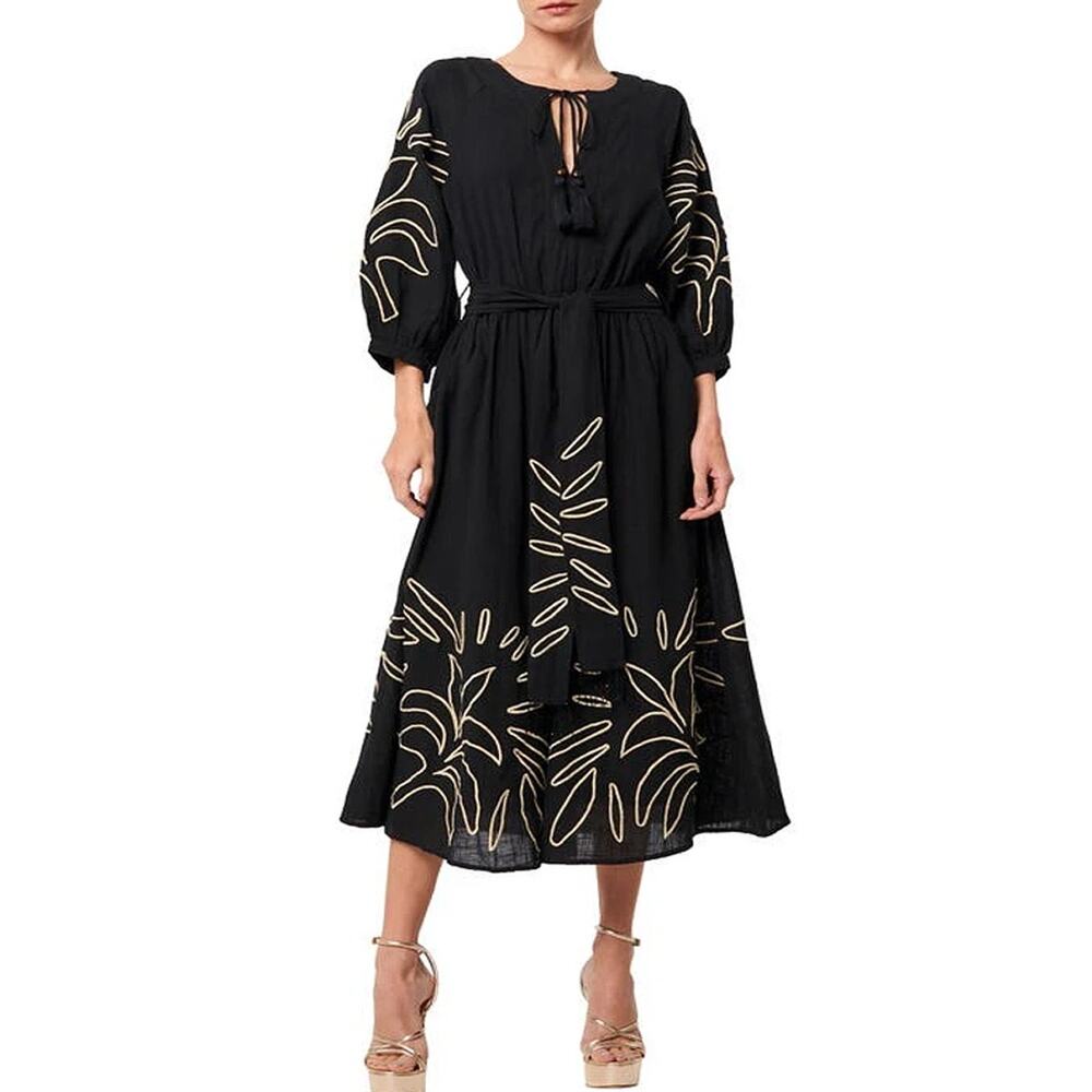 Ciebon Black Cotton Embroidered Midi Dress Size S